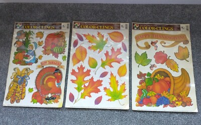 Color Clings Fall Cornucopia Turkey Thanksgiving Fall Window Decoration Vtg Lot