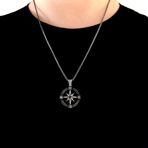 925 Sterling Silver Micro-Stone Sailor's Compass Design Men's Necklace - Picture 3 of 4