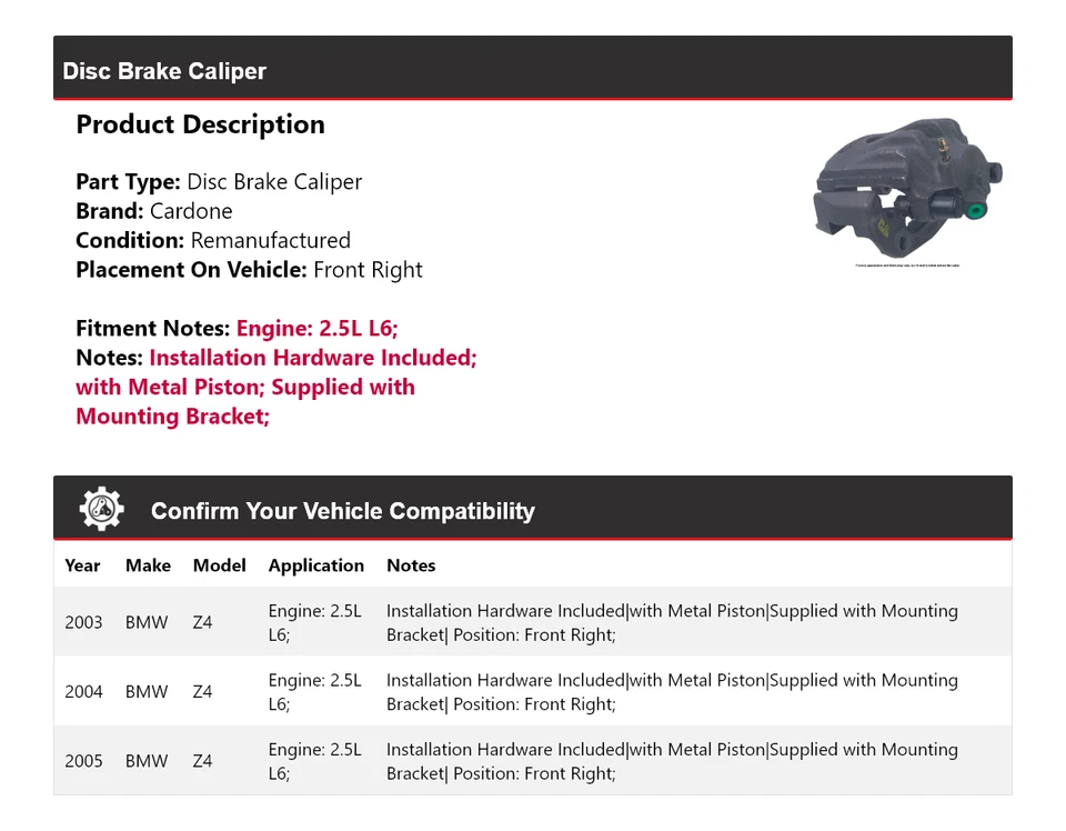 Pinza de freno de disco delantera derecha Cardone 2004 para BMW Z4 2003-2005 2,5 L L6 Foto 2 de 4