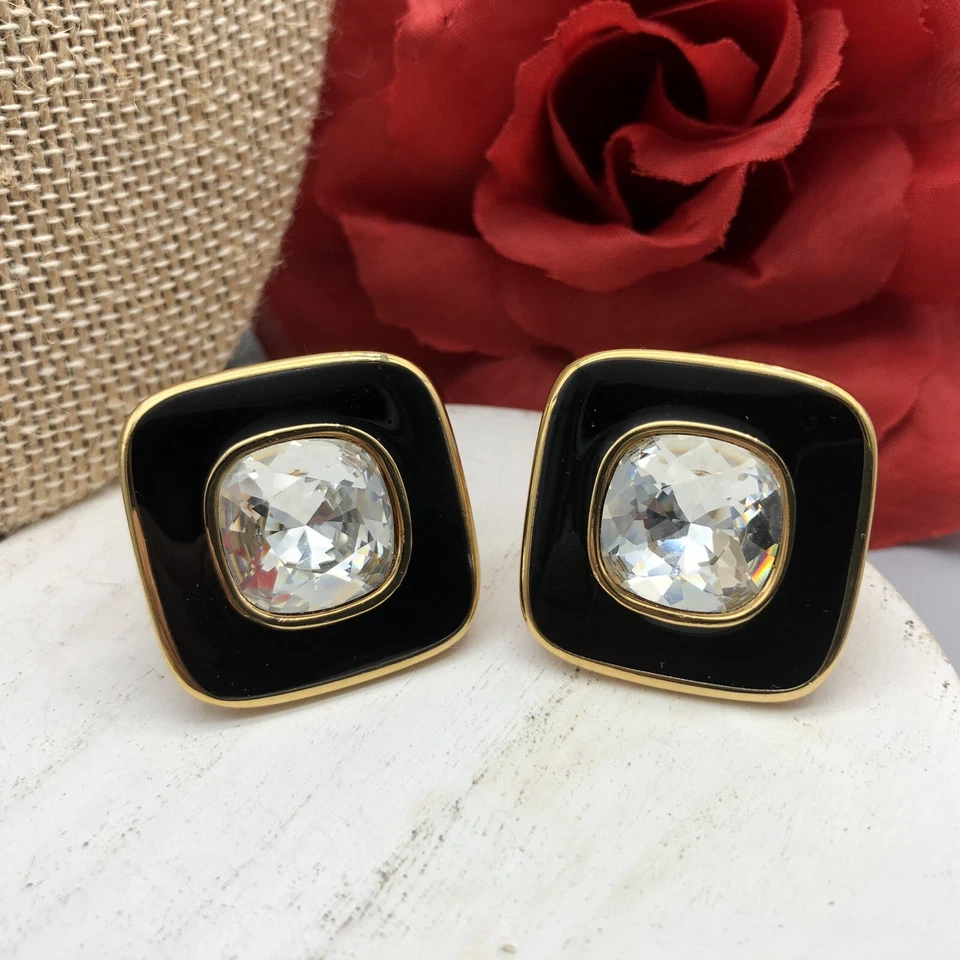 Pendientes triangulares vintage firmados SAL Swarovski negro y cristal clip 1,5" Foto 4 de 4
