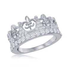 Sterling Silver Crown Fleur De Lis Style CZ Ring
