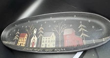 Donna White Signed Wood Tray Silent Night Holy Night w Saltbox Houses Christmas