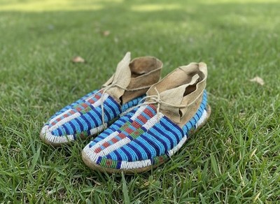 Native Regalia American Beaded Powwow Moccasins Stripe Multicolor Leather MC627
