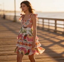 Farm Rio Mixed White Prints Layered Dress L Tropical Floral Tiered Linen Smocked