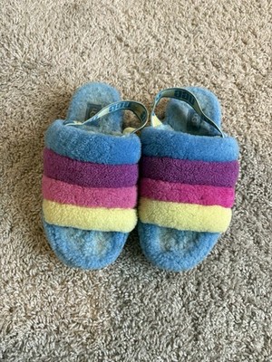 UGG Fluff Yeah Blue Multi Striped Faux Fur Slide Slippers Women s US 8