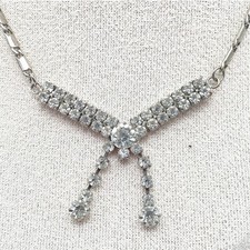 Vintage Silver Tone Prong Rhinestone Embellished Choker Lariat Necklace Boho 90s