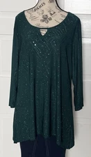 Notations Women’s XL Liquid Knit Blouse Hunter Green Sequins 3/4 Sleeve B42