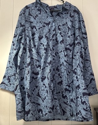 Women Romans Paisley Print Long Sleeve Shirt Soft Size 24W Blue V7