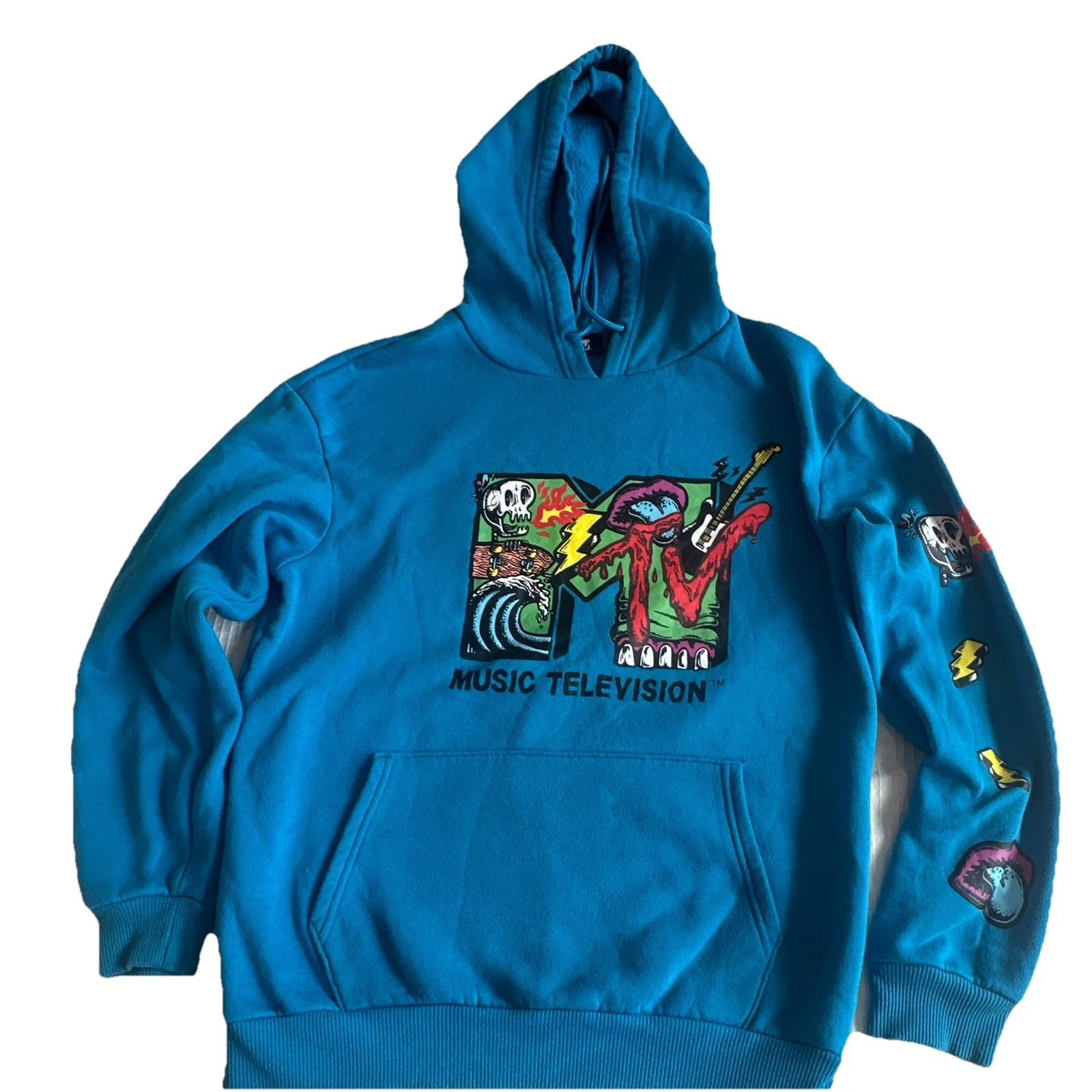 MTV Men's Blue Retro Graphic Logo Pullover Fleece Hoodie w/ Pockets Size L