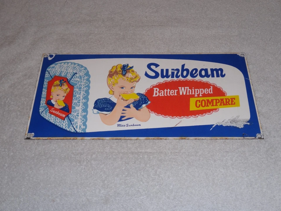 VINTAGE SUNBEAM BATTER WHIPPED BREAD MISS GIRL 15" PORCELAIN METAL GASOLINE SIGN - Image 2 of 4