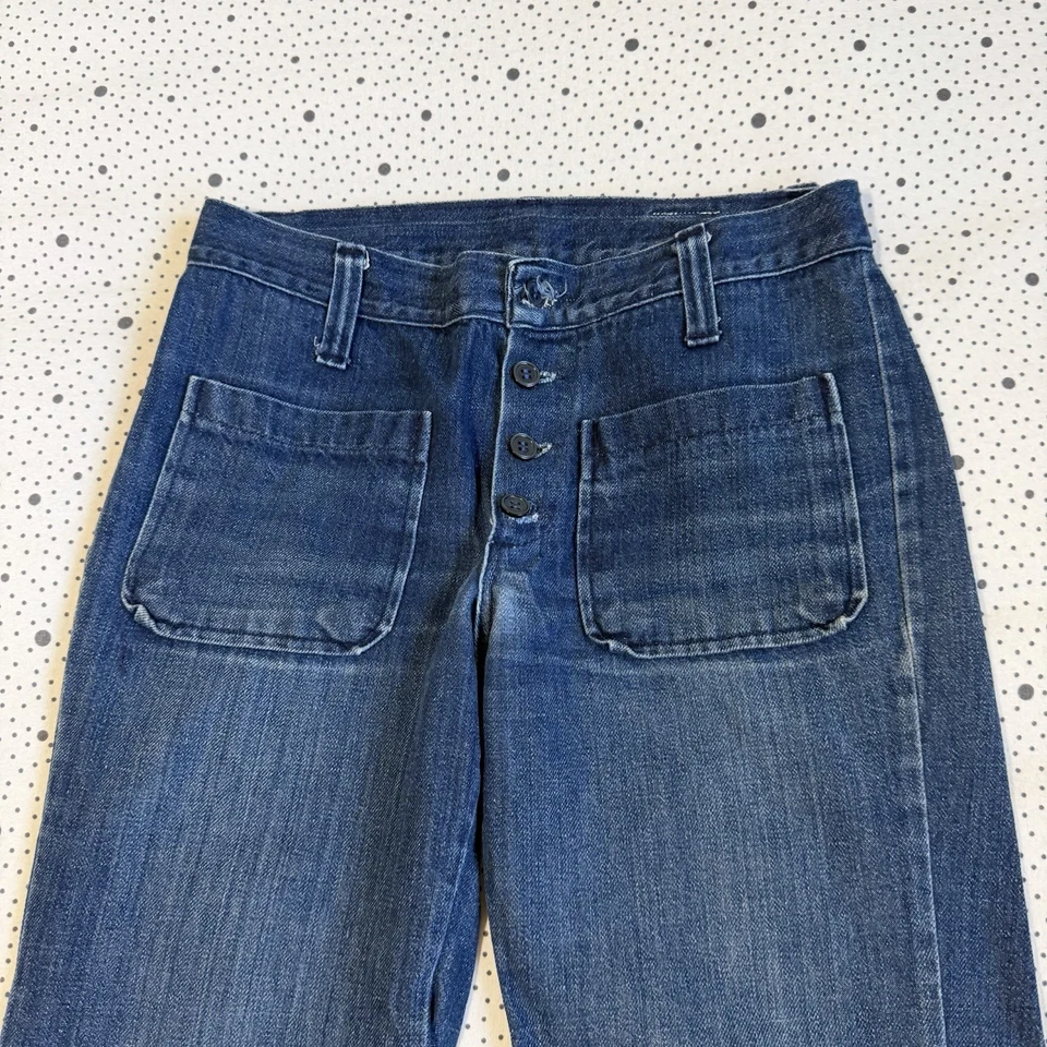 Pantalones de mezclilla vintage años 70 Sears Jr. Bazaar para niña 11 acampanados marinero botón mosca parche Foto 2 de 4