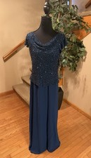 J Kara Women's Long Beaded Cowl Neck Flutter Sleeve Dress Size 6 Cobalt Blue