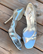 Nina Metallic D'Orsay Sandals 8 Silver Leather Open Toe Evening Gala Stilettos