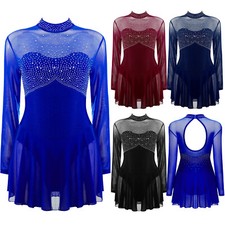Women's Long Sleeve Mesh Gymnastics Leotard Ballet Dance Figure Skating Dresses