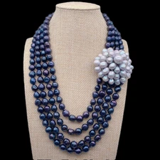 4 strands Freshwater Black Baroque Pearl Gray Pearl Flower Statement Necklaces