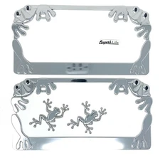 Chrome Frog License Plate Frame Set of 2 with 2pcs 3D Metal Car Frog Sticker 