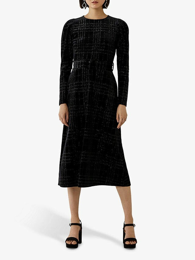 Warehouse Black Velvet Glitter Check Belted Midi Dress Size