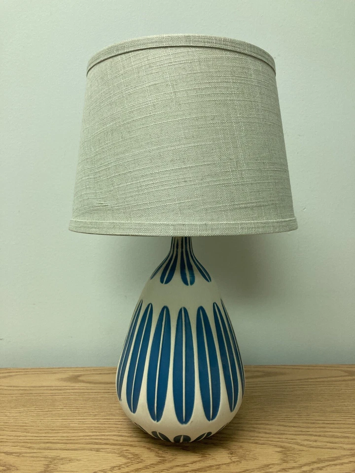Scandinavian Design Blue and White Ceramic Nightstand Lamp With Blue Shade - Image 3 of 4