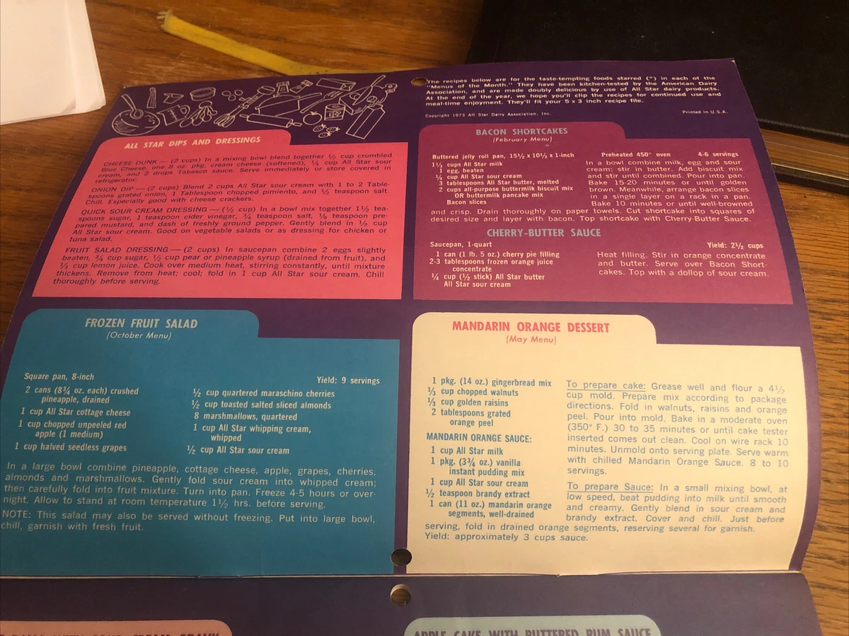 All Star Dairies Advertising Calendar 1973 Menu Of The Month Unused | eBay
