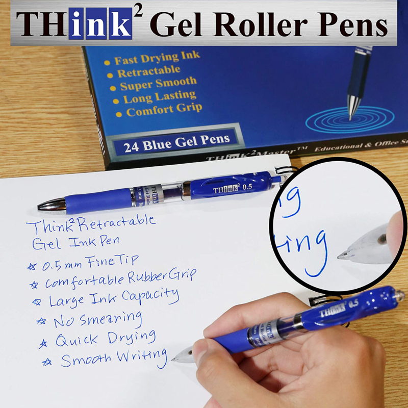 [24 Pens Blue Ink] Think2 Retractable Gel Pens. (24 Blue) Fine Point