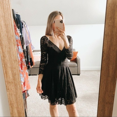Black Lace Plunge Neckline Mini Dress 