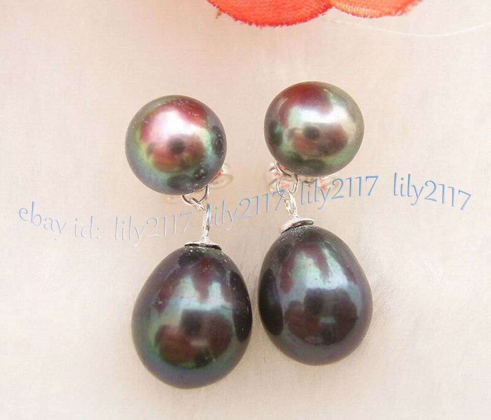 Pendientes colgantes genuinos naturales de plata con perla de Tahití negra de 7-8 mm 9x11 mm Foto 3 de 4