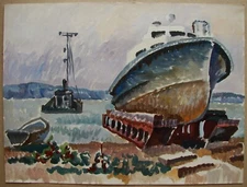 Ukrainian Soviet USSR tempera Painting postimpressionism seascape ship river