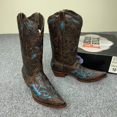 Pecos Bill Boots Womens 10 Torquoise Black Western Fancy Inlay Leather  Cowgirl