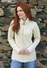Aran Woollen Mills Irish 100 Merino Wool Women's Cable Knit Zipper Cardigan