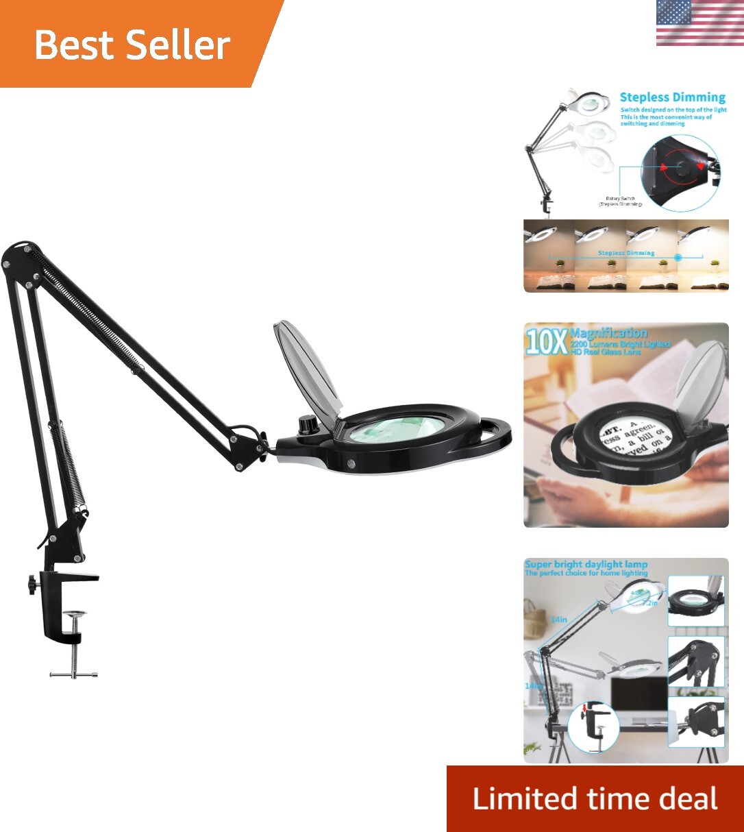 10X Magnifying Lamp with Clamp, 2200 LM Super Bright and Stepless Dimming Mag...