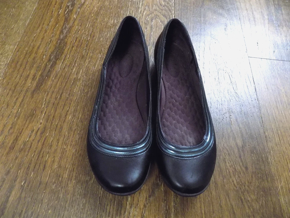 Zapatos cómodos planos de ballet Privo Clarks talla 8 cuero negro ribete metálico Foto 2 de 4