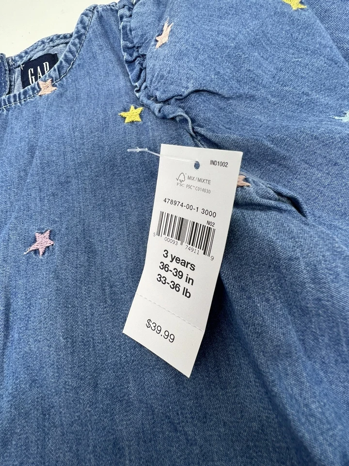 Vestido Gap Niñas Pequeñas Azul Denim Cambray Bordado Estrella Talla 3T Nuevo con Etiquetas Foto 3 de 3