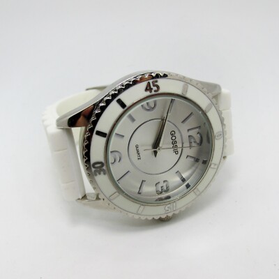 Women's Gossip Silver Tone Dial Round White Silicone Band Watch 6.5'' New Battery