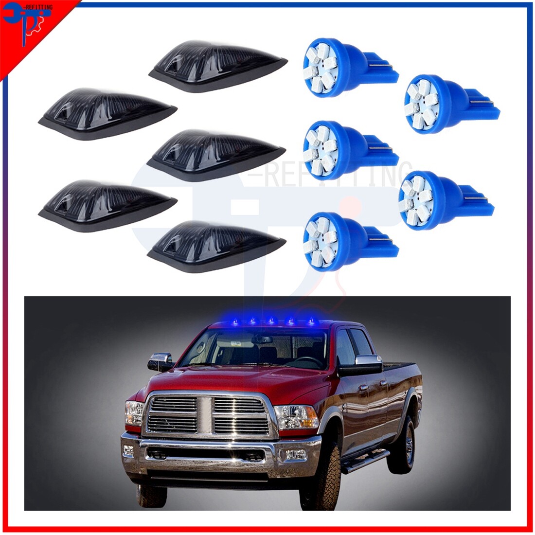 Smoke Blue 5x Cab Marker Light Covers with Bulbs for GMC Chevy Trucks