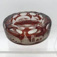 Vintage Cranberry Red Cut Clear Glass Ashtray Ruby Bird    READ