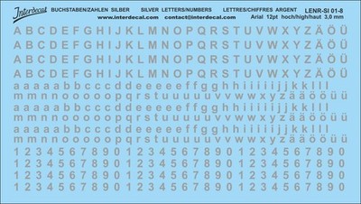 Buchstaben und Zahlen Arial 12 pt. Naßschiebebild Decal silber 127x63mm