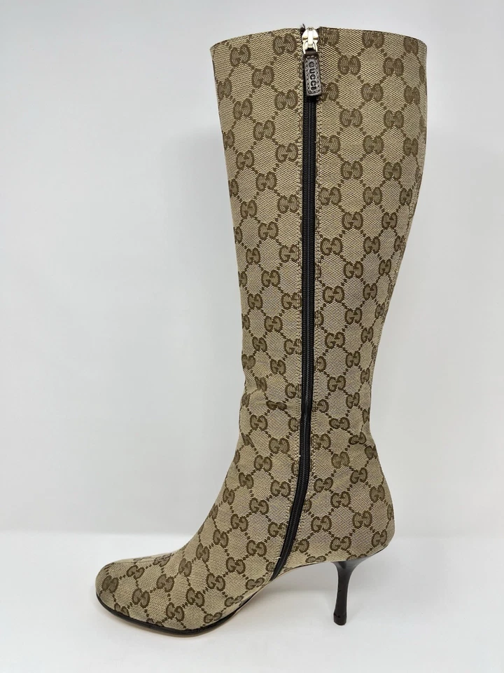 Botas de Colección Gucci GG Logo Monograma Marrón Tostado Lona Tacón Alto hasta la Rodilla 7 37 Foto 3 de 4