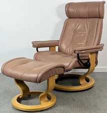 Ekornes Stressless Medium "Prince" Beige Leather Recliner Chair & Ottoman