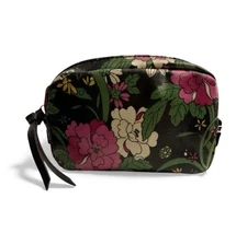 SAKROOTS Coated Canvas Black Floral Cosmetic Case Accessory Bag Zipper Clutch