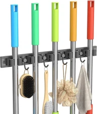 TOOVEM 5 Racks and 4 Hooks Broom 1 Pack 5R4H, Silver with Black Accents 