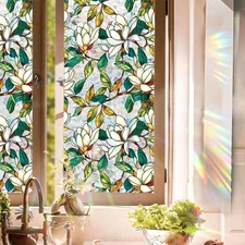 Floral Stained Glass Window Privacy Film, Decorative Rainbow Window Privacy F...