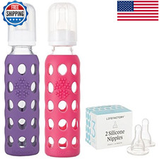 Lifefactory 9Oz Glass Baby Bottle 2Pk Bundle 2 Stage 3 Nipples Grape/Raspberry