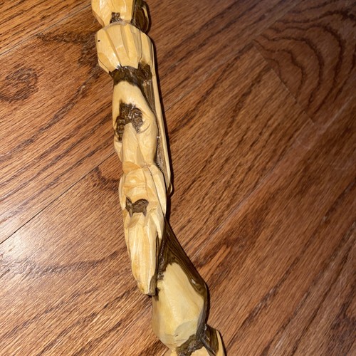 Vintage Wooden Walking Stick Cane Hand 2 Carved Faces one Bearded 41 1/2" Unique