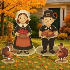 4 Pcs Thanksgiving Pilgrim Boy and Girl Yard Sign Fall Turkey Lawn Multicolor