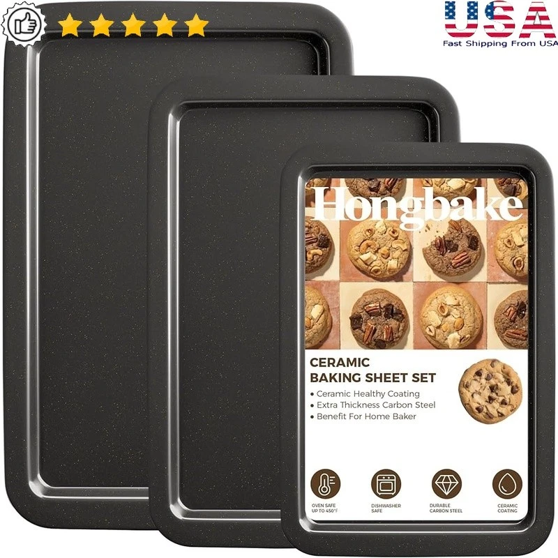 Nonstick Baking Sheet Set 3 Pans Carbon Steel Oven Safe Durable Easy Clean New