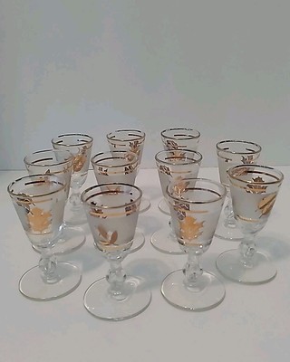 Libby Vintage Gold Leaf Cordial Shot Glasses  Set of 11 Frosted Stemmed Barware
