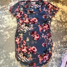 Full Moon Blue Short Sleeve Maternity Top Pink & Maroon Floral Pattern  Med