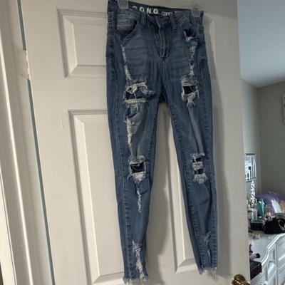 S.O.N.G. Curvy High Rise Skinny Ankle Jeans Distressed Blue Denim