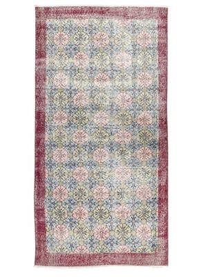 Modern Turkish Oushak Runner 3.3x6.6 ft Handwoven Blue Pink Wool  Cottage Decor