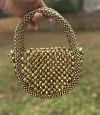 Vintage-Inspired Gold Beaded Mini Tote – Half-Moon Evening Handbag 9”